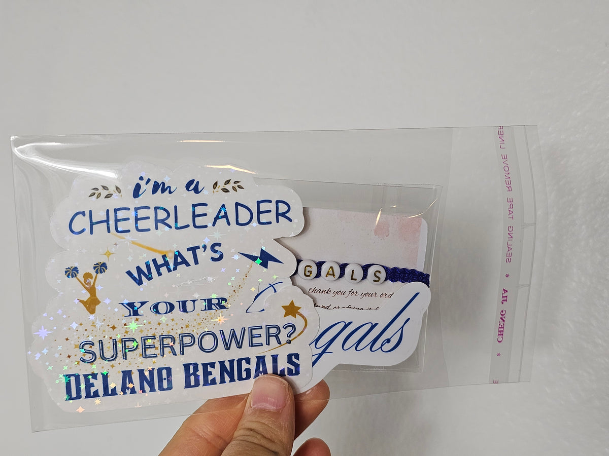 Custom Bulk Personalized Handmade Stickers and Bracelet Set For Cheerleaders, Teams, Birthdays Or Any Celebration